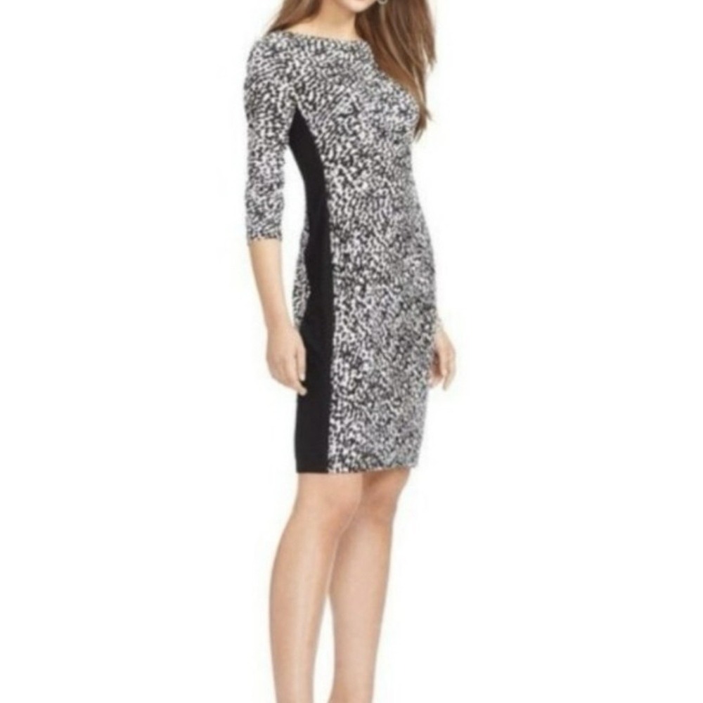 Ralph Lauren Black Ivory Geometric Colorblock Stretch Ruched 3/4 Sleeve Dress 2